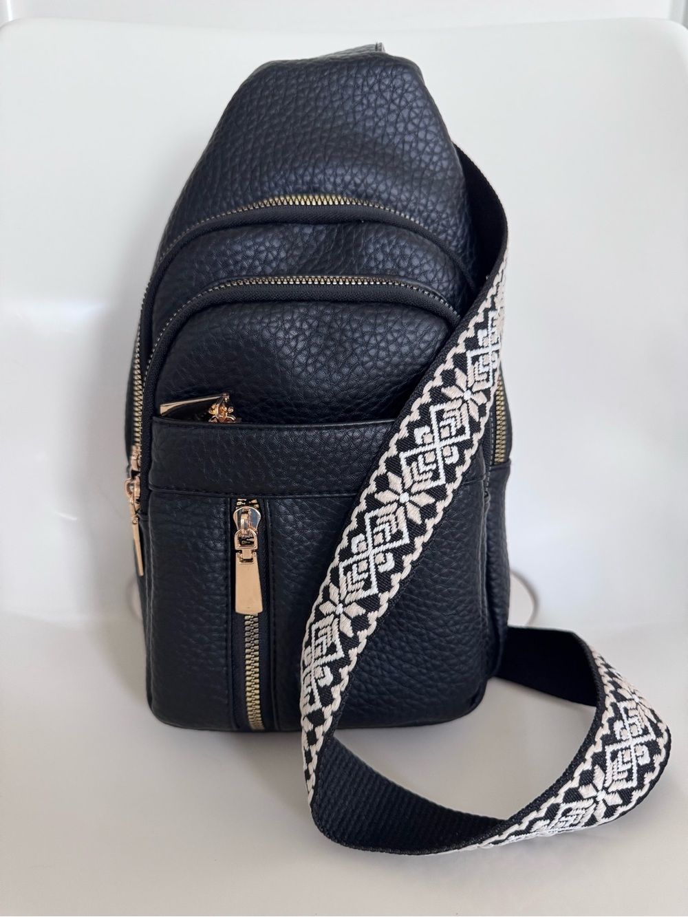 Black Leather Sling Backpack w Embroidered Boho Guitar Strap Crossbody Backpack - Picture 10 of 14